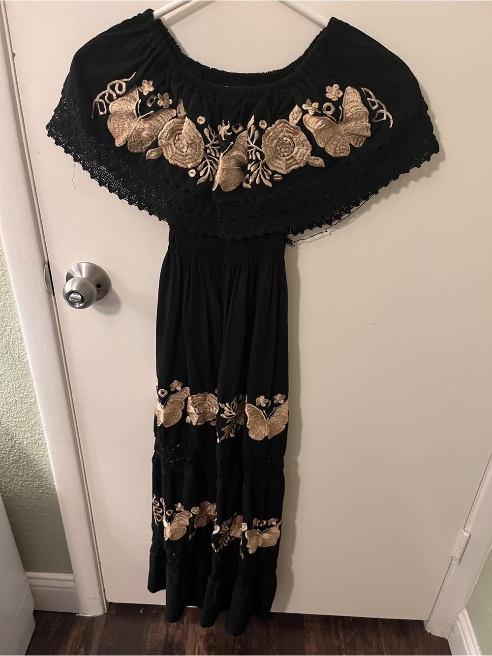 Mexican Black Off-Shoulder Embroidered Maxi Dress - Black
